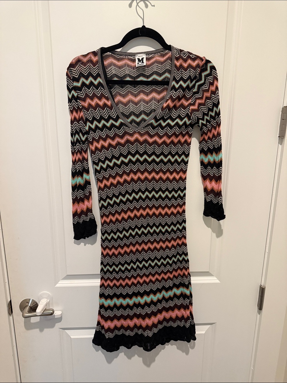 Missoni Brand Chevron Knit V-Neck Bodycon Dress in Black and Coral